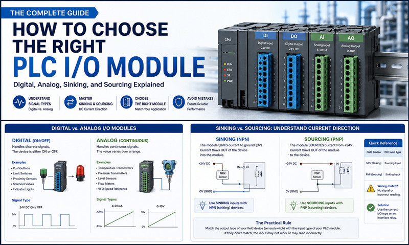 How to Choose the Right PLC I/O Module: Digital, Analog, Sinking, and Sourcing Explained